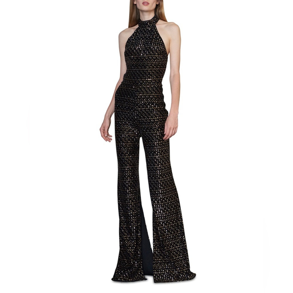 Monique Lhuillier Velvet Sequin Halter Jumpsuit - Jet Black / Gold Sequin Sz 6